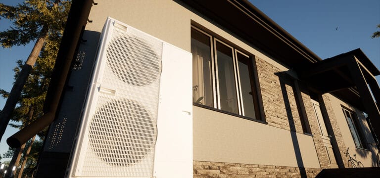 Casa con Bomba de calor de tecnología aire-agua para el hogar. Sistema inversor de tipo split.