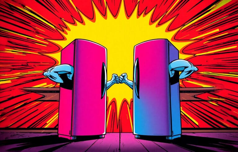 2refrigeradores con brazos enfrentados, uno representa el compresor inverter, el otro el tradicional. Estética de comic.