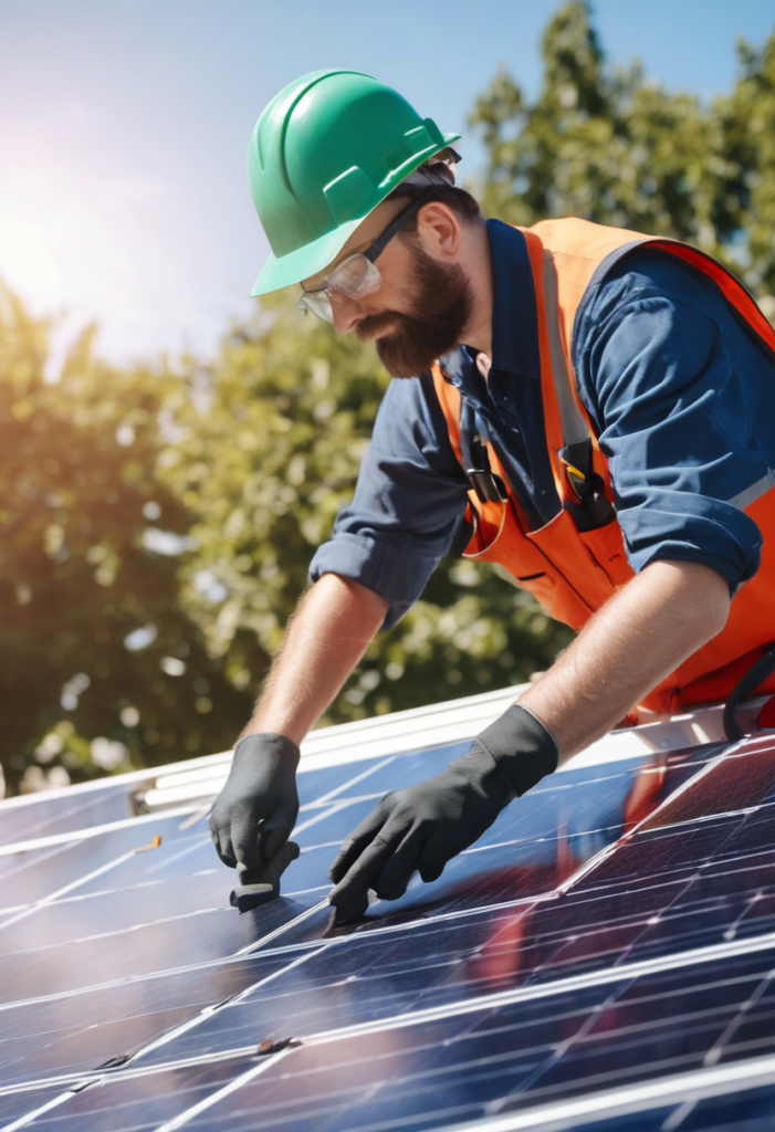 Hombre en acción de limpiar los paneles solares